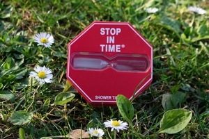 A shower timer in the shape of a stopsign